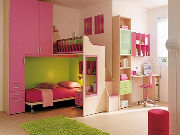 Bedroom,Impressive Whtie Wall Paint Room For Girls Design Inspiration With Pretty Bunk Bed And Cute Pink Closet Also Comfortable Corner Study Space Plus Trendy Bright Brown Laminate Flooring,Cool Amazing Rooms For Girls