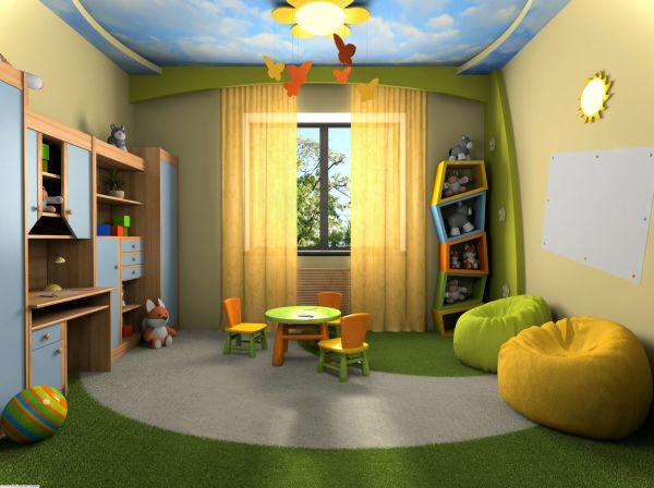 Bedroom,Impressive Boy Themed Bedroom Design For Guy With Beautiful Sky Painted Ceiling And Wonderful Glass Windows Plus Soft Cream Curtains Also Comfortable Playroom,Cool Bedroom Designs For Guys