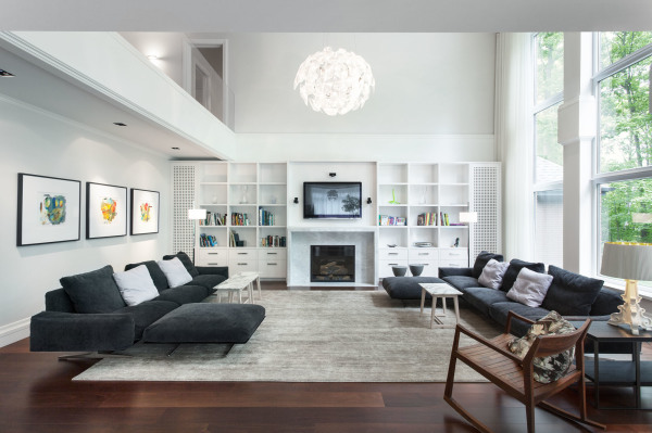 Furniture,Astounding White Wall Paint Sofa For Small Living Room Decoration With Stylish Two Black Fabric Sectional Sofa Plus Soft White Pillows And Exquisite Gray Great Area Rug On Combined Beautiful Glossy Brown Laminate Flooring Also Unique White Over Pendant Lamp,The Most Convenient Sofas For Small Living Rooms