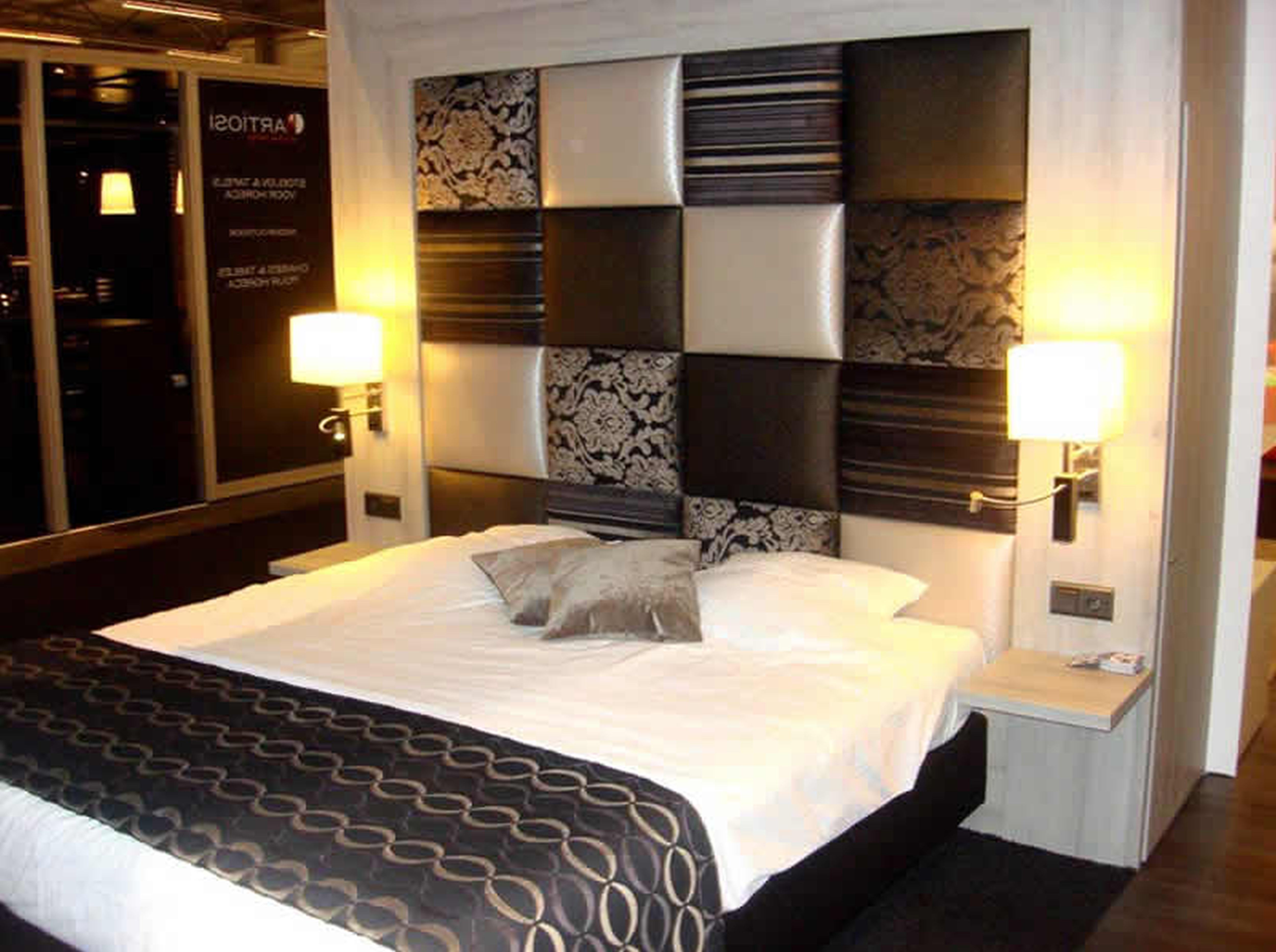 Apartments,Breathtaking Small Space Furniture For Apartment Design Ideas With Cool Black Wood Bed Frame On Combined Comfortable White Bed Cover And Soft White Plus Gray Fabric Pillows Also Gorgeous Cream Bedroom Wall Lights,Cheap Furniture For Apartments Decoration Modern