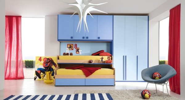 Bedroom,Dazzling White Background Boy And Girl Bedroom Ideas With Amazing Murphy Bed On Combined Comfortable Yellow Bed Sheets Plus Beautiful Light Blue Wood Wardrobe Also Gorgeous Large Red Curtains,Exceptional Delightful Boy And Girl Bedroom Ideas