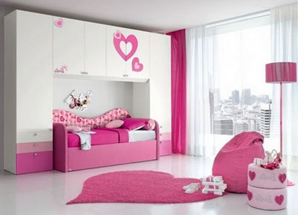 Bedroom,Astounding White Pink Themed Teenage Girl Bedroom Ideas With Charming Murphy Bed On Combined Beautiful Pink Bed Frame And Gorgeous Heart Shape Rug In Pink Color Plus Modern White Tile Floor Also Cool Great Glass Windows ,Cute Teenage Girl Bedroom Ideas