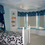 Bedroom,Gorgeous Sea Blue Ceiling Boy And Girl Bedroom Ideas With Stunning White Wood Bed Frame On Combined Comfortable White Black Blue Floral Ornaments Plus Comfortable Curved Bay Window Using Soft Blue Black White Striped Thick Padded Seat Also Elegant Chandelier,Exceptional Delightful Boy And Girl Bedroom Ideas