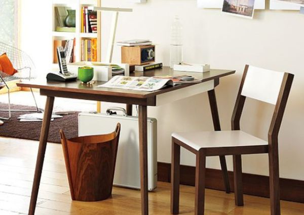Furniture,Beautiful Mid Century Home Office Design For Two People With Stylish Brown Wood Desk And Nice White Wood Chair Also Wonderful Bright Laminate Flooring,Comfortable Home Office Design For Two People 