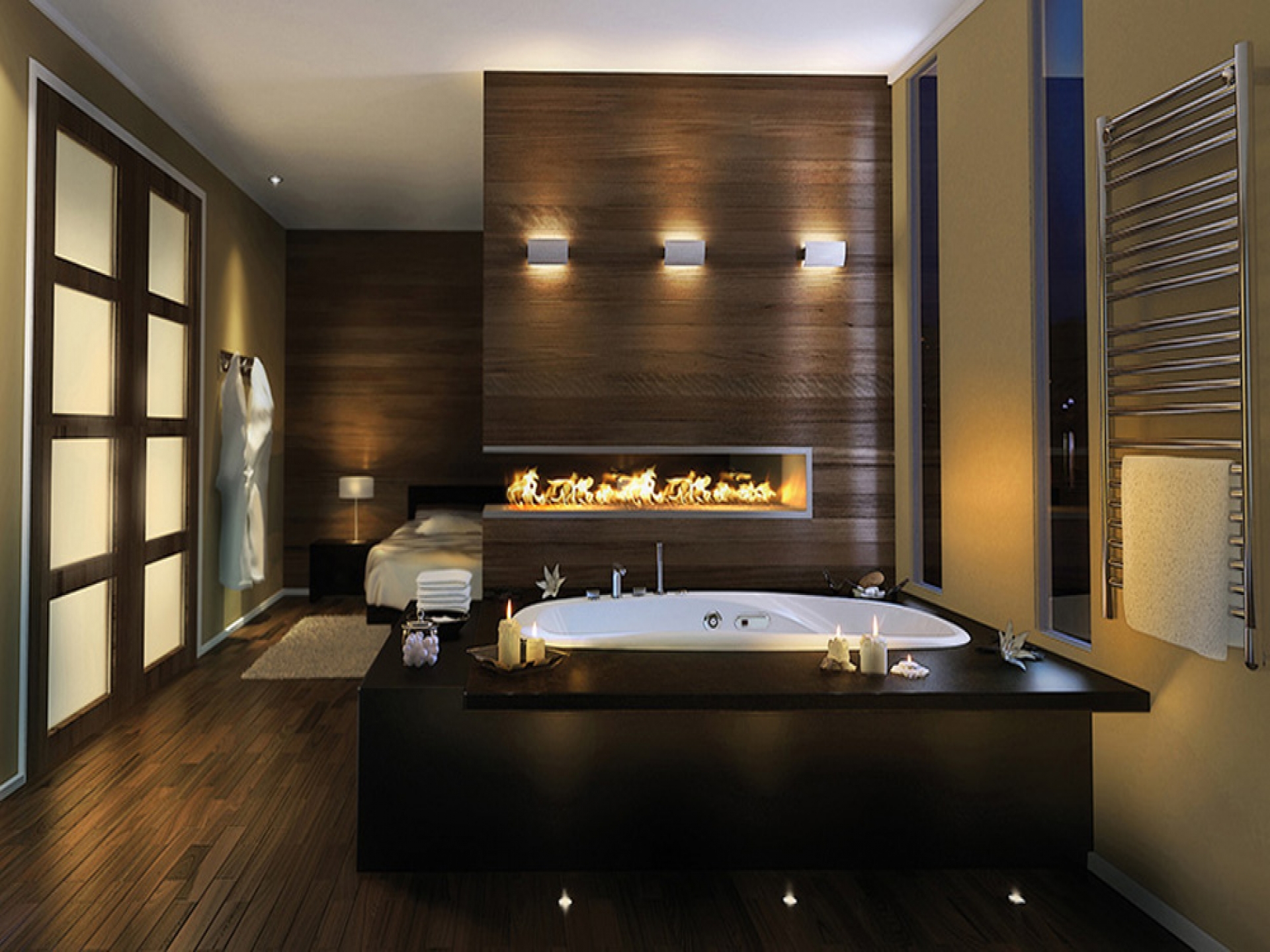 Furniture,Nice Looking Interior Design Idea With Beautiful Built In Bathtub And Wonderful Fireplace Plus Cool Stainless Towel Hanger Also Trendy Dark Brown Wood Floor,Fabulous Interior Design Ideas For Modern Home