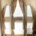 Interior,Astounding Large Window Curtain Ideas Combined Beautiful Floral Ornament With Nice White Wood Window Frame And Wonderful White Blinds Also Trendy Cream Wall Paint,Good Large Window Curtain Ideas
