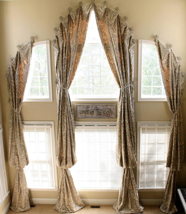 Interior,Astounding Large Window Curtain Ideas Combined Beautiful Floral Ornament With Nice White Wood Window Frame And Wonderful White Blinds Also Trendy Cream Wall Paint,Good Large Window Curtain Ideas