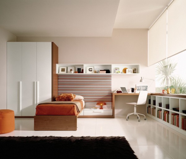 Bedroom,Terrific Lovely Large Space Room Ideas For Young Women With Stunning Brown Wood Bed Frame On Combined Comfortable Orange Bed Cover And Stylish Corner Study Space Also Gorgeous White Brown Wood Closet Plus Splendid White Wood Open Bookshelf,Spoil Your Eyes With Room Ideas For Young Women