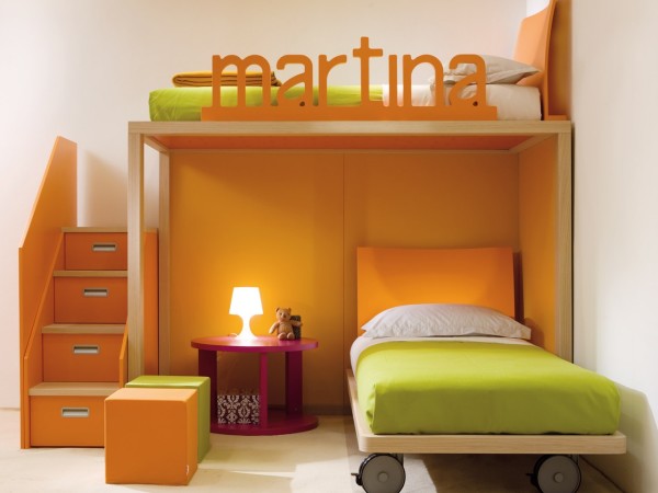 Bedroom,Minimalist Style Bunk Bed Design Ideas With Beautiful Orange Green Color And Gorgeous Purple Round Bedside Table On Combined Stand Lamp Also Comfortable Vibrant Scheme For Retro Concept,Modern Bunk Bed For Kids Bedroom Designs
