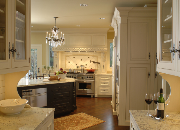 Furniture,Adorable White Themed Kitchen Design Ideas With Beautiful White Wood Kitchen Cabinet Plus Stunning Black White Kitchen Island And Luxurious Crystal Chandelier Also Trendy Brown Floor ,Luxury Kitchen Designers