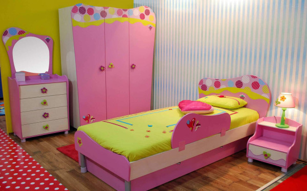 Bedroom,Admirable Small Space Kid Picture Ideas With Charming Pink White Wood Bed Frame On Combined Comfortable Light Yellow Bed Sheet And Cute Pink White Wood Closet Also Beautiful White Pink Wood Vanity Table Plus Pretty Pink Wood Nightstand Table,Cute And Delightful Bedrooms Kid Picture Ideas