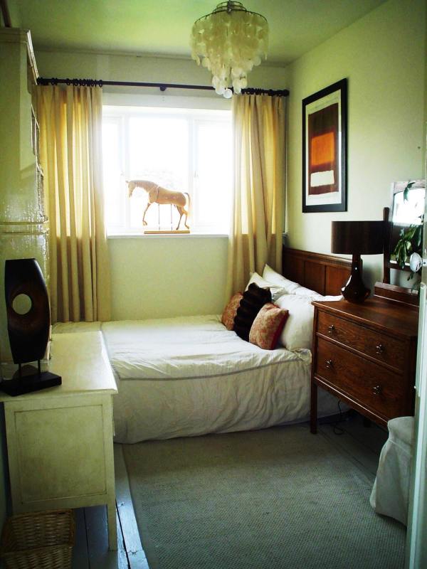 Bedroom,Beautiful Very Small Bedroom Design Ideas With Stylish Low Profile Bed On Combined Soft White Blanket And Wonderful Two Cream Curtain Also Adorable Brown Wood Nightstand Table Plus Cool Black Desk Lamp,Very Small Bedroom Design And Small Space