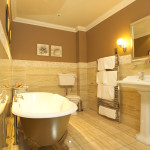Furniture,Impressive Bathroom Interior Design Ideas With Stylish White Ceramic Bathroom Pedestal Plus Beautiful Silver Wall Mirror Frame And Comfortable White Ceramic Freestanding Bathtub Also Cool Stainless Towel Hook,Best Interior Design Ideas To Your Home