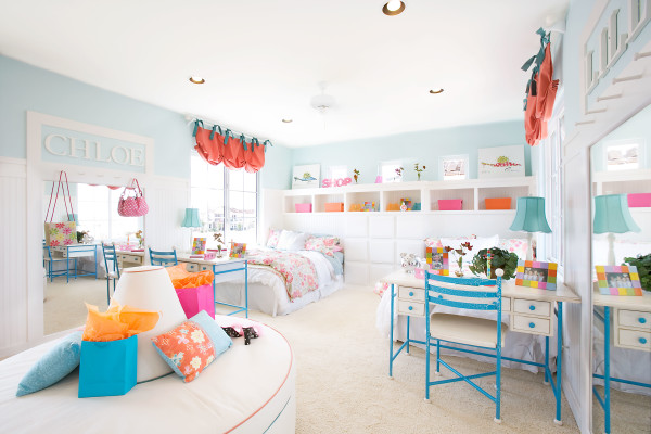 Bedroom,Astounding Light Blue Wall Paint Kid Picture Ideas With Amazing Twins Bed And Stylish Double Study Table In Nice White Blue Color Also Comfortable Large White Round Ottoman,Cute And Delightful Bedrooms Kid Picture Ideas