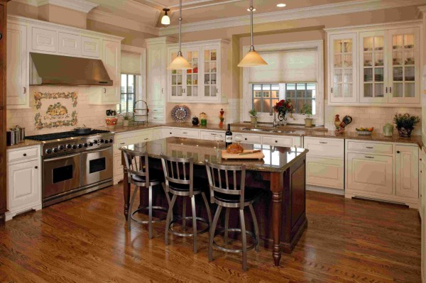 Furniture,Amazing Cream Wall Paint Design For Kitchen Island With Comfortable Three Chocolate Wood Bar Stool Plus Beautiful White Wood Kitchen Cabinet And Wonderful Clear Glass Door Floating Kitchen Cabinet Also Nice Cream Cup Pendant Lamps,Simple But Impressive Designs For Kitchen Islands