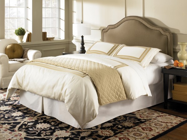 Bedroom,Impressive Comfortable Bed Set Decoration With Luxurious Curved Headboard And Beautiful Creammy Bed Cover On Combined Golden Embroideren Also Nice Black Floral Turkish Rug ,Comfortable Bed Set