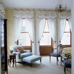 Interior,Astounding Curtain Ideas For Large Window With Luxurious White Curtains And Amazing Single Light Blue Fabric Sofa Also Soft Cushion Plus Fancy Chandelier For Bedroom,Curtain Ideas For Large Windows