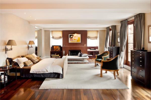 Apartments,Beautiful Luxury NYC Duane Street Manhattan Penthouse Apartement Design Inspiration With Comfortable Low Profile Bed Set And Cozy Black Brown Sofa Chairs On Combined White Cotton Rug Plus Nice Brown Wood Floor Also Beautiful Backyard Fire Pit For Elegant Concept,Manhattan Penthouse Apartments
