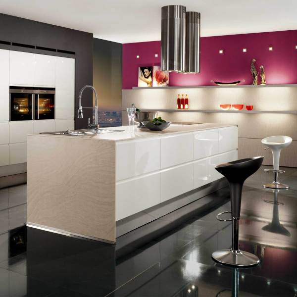 Furniture,Spacious Black Mixed Pink Wall Paint Minimal Kitchen Design Inspiration With Wonderful White Kitchen Island Plus Gorgeous Chrome Kitchen Faucet And Modern Bar Stools On Combined Charming Black Glossy Ceramic Tile Floor Also Stunning Chrome Cooker Hoods For Luxurious Concept,Plush Minimal Kitchen Design Ideas
