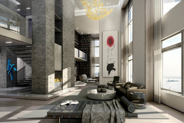 Living Room,Astounding White Gray Scheme Nyc Penthouse Design Ideas With Marvelous Black Leather Lounge Sofa And Nice Brown Fabric Sofa On Combined Beautiful Bright Linen Wood Floor Plus Cool Round White Glossy Table Also Stunning Fire Pit ,Luxury Nyc Penthouses