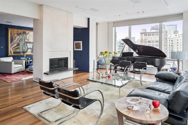 Living Room,Enchanting White Wall Paint Nyc Penthouse Design Inspiration With Comfortable Black Leather Two Seater Sofa Plus Cool Square Glass Table On Combined Soft White Area Rug And Unique Curved Legs Chairs In Black Color Also Nice Fire Pit ,Luxury Nyc Penthouses