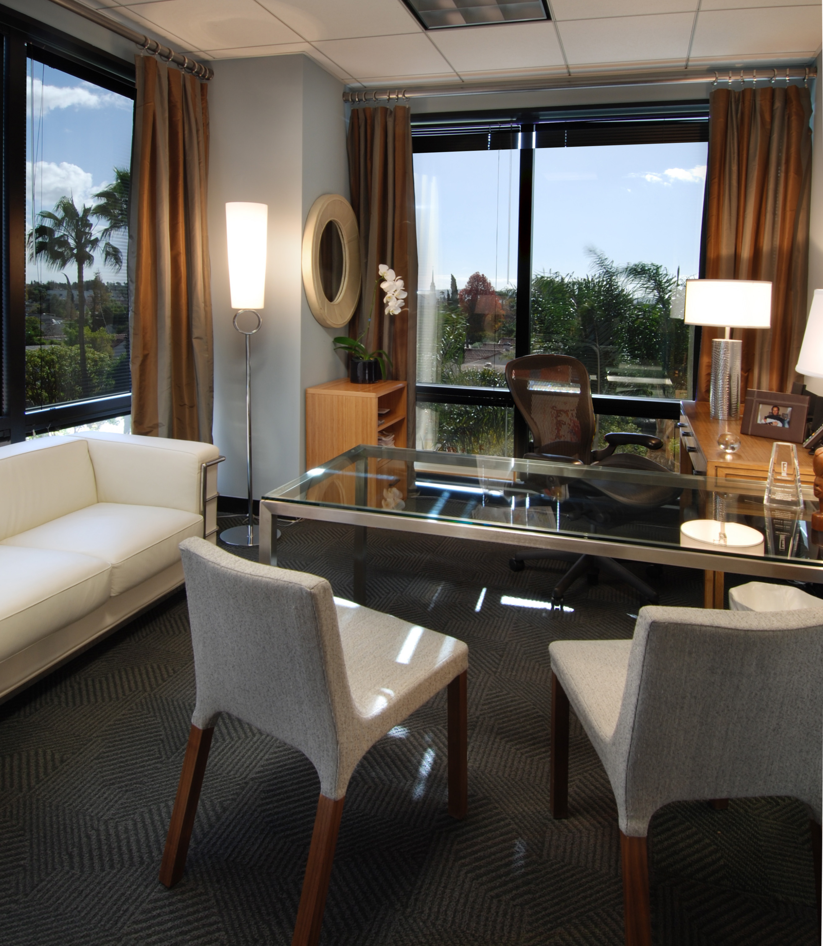 Furniture,Gorgeous Home Office Design For Two People With Comfortable Executive Mesh Office Chair And Wonderful Glass Office Desk Also Cozy Double White Office Chair Plus Charming Great Window On Combined Chery Curtains,Comfortable Home Office Design For Two People 