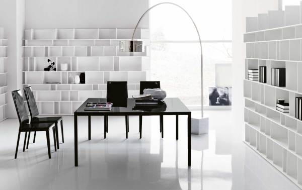 Furniture,Stunning Building An Office Desk Design Ideas With Beautiful Black Square Table Plus Cool Black Chairs And Charming Chrome Stand Lamp On Combined White Ceramic Floor Also Marvelous Bookcase In White Color ,Easily And Cool Building An Office Desks