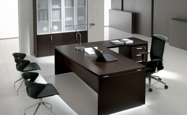 Office & Workspace,Cool Awesome Wooden Executive Office Desk Design On Combined Brown Color And Comfortable Black Arm Chair Also Unique Two Chair,Comfort Workspace With Exetucutive Office Desks