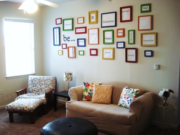 Apartments,Exquisite Colorful Picture Frames On The White Wall Furniture For Apartment Decoration With Adorable Brown Fabric Sofa And Cozy Lounge Chair Also Comfortable Black Leather Ottoman Plus Nice Black Square Accent Table On Combined Beautiful Colorful Drum Table Lamp,Cheap Furniture For Apartments Decoration Modern