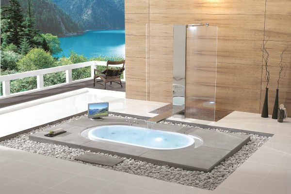 Bathroom,Picturesque Brown Wood Wall Panels Overflow Bathtub Design Inspiration With Stylish Floor Bathtub Combined Beautiful White Stones And Cool Amazing Chrome Wall Mount Bathtub Faucet Also Marvelous Shower Enclosure Plus Wonderful White Ceramic Tile Floor For Luxurious Concept,Contemporary Overflowing Bathtubs 