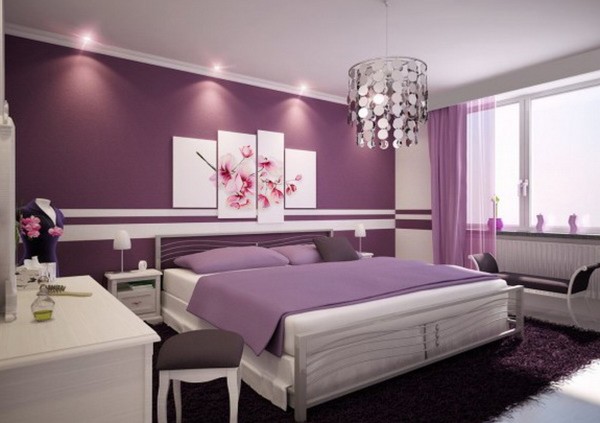 Bedroom,Impressive White Ceiling Bedroom Paint Ideas With Stunning Stainless Bed Frame On Combined Soft White Double Bed Sheet And Gorgeous White Wood Vanity Table Also Beautiful Purple Large Curtain Plus Wonderful Purple Arm Bench For Luxurious Concept,11 Bedroom Paint Ideas Trends In 2015 You Must See