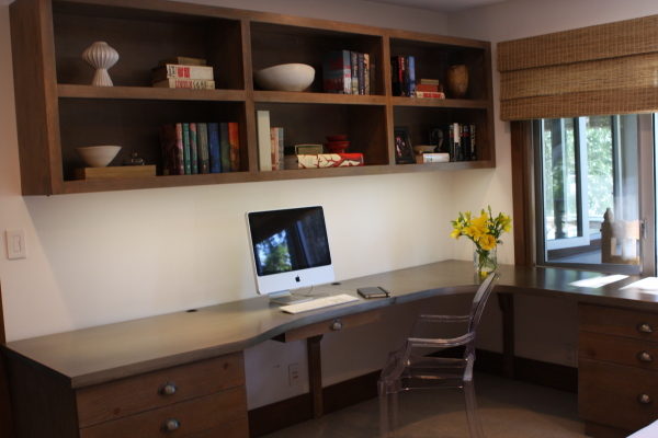 Furniture,Enchanting White Wall Paint Top Office Design Inspiration With Contemporary Corner Wood Desk Plus Nice Double Pendestal Desk And Gorgeous Glass Window Also Adorable Floating Open Book Shelves,Pleasant And Comfortable Top Office Designs