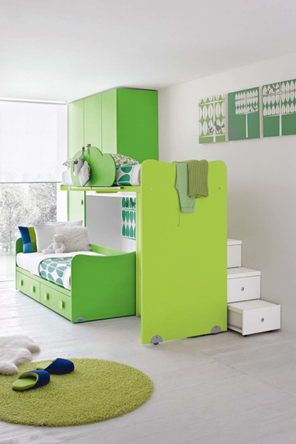 Bedroom,Contemporary White Wall Paint Kid Picture Ideas With Charming Bunk Bed In Gorgeous Green Bed Frame And Beautiful White Wood Stairs Also Wonderful Green Wood Wardrobe,Cute And Delightful Bedrooms Kid Picture Ideas