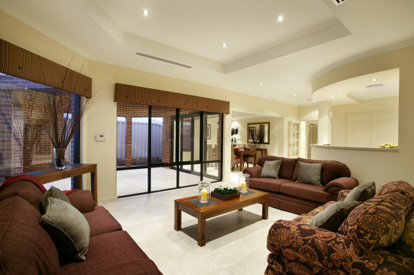 Furniture,Nice Looking House Interior Design Picture With Comfortable Brown Fabric Sofas And Cool Brown Wood Coffe Tale Plus Nice Black Window Frame Also Gorgeous Cream Wall Paint,Beautiful House Interior Design Pictures