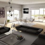 Furniture,Amazing Large Space Interior Design Picture With Modern Black Sofas And Beautiful Black Glass Square Table On Combined Soft Gray Rug Also Stylish Breakfast Nook Plus Gorgeous Glass Sliding Door Using Picturesque White Wall Paint,Pretentious Interior Design Pictures 2015