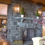 Interior,Impressive Open Plan Stone Fire Places Design Ideas With Amazing Gray Brick Stone Fireplace And Beautiful Gray Wall Mount Shelf Plus Gorgeous White Potted Plants Also Vintage Double Wall Light,The Beauty Of Stone Fire Places Your Home Inspiration