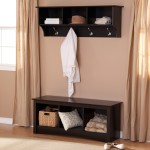 Furniture,Dazzling Cream Background Coat Rack Plan Design Inspiration With Charming Dark Wood Bench And Nice Bright Brown Wood Floor Also Cool Dark Wood Floating Shelves On Combined Nice Chrome Hooks Plus Soft Large Cream Curtains,Creative And Beautiful Wall Coat Rack Plans In Home
