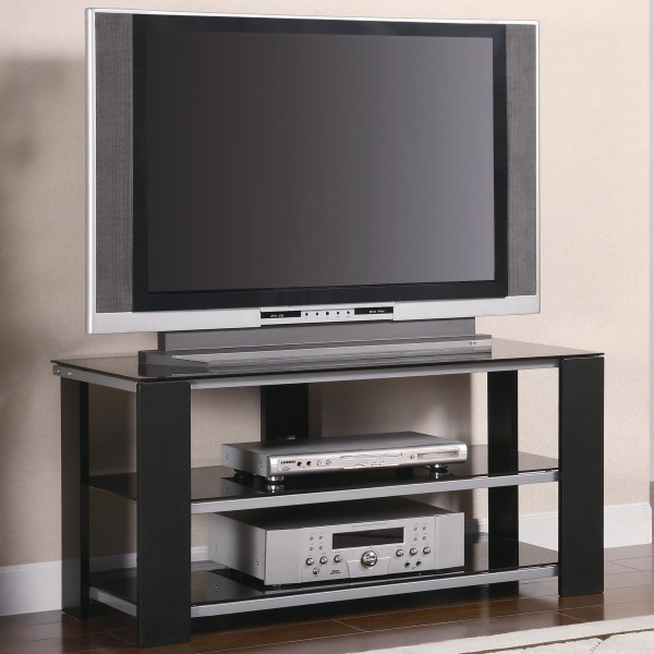 Furniture,Trendy Furniture Tv Stands For Plasma Tv Design Inspiration With Amazing Black Open Media Shelves And Beautiful Brown Ceramic Tile Floor Also Gorgeous Cream Wall Paint,Contemporary Furniture Tv Stands For Plasma Tv Inspiration