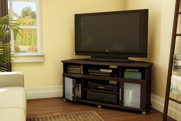 Furniture,Marvelous Corner Tv Stands For Plasma Tv Design Inspiration With Nice Chocolate Wood Open Shelves And Trendy Brown Wood Linen Floor Also Gorgeous White Wood Window Frame,Contemporary Furniture Tv Stands For Plasma Tv Inspiration