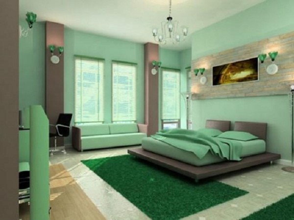 Bedroom,Delightful Pile Green Wall Paint Really Cool Bedroom Design Inspiration With Charming Black Platform Bed On Combined Comfortable Pile Green Bed Sheet And Soft Pile Green Two Seater Sofa Also Gorgeous Crystal Chandelier Plus Trendy Green Rectangular Rug,Really Cool Bedrooms Designed With A High Comfort Level