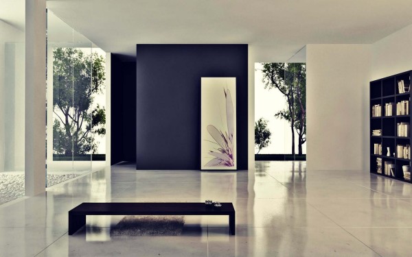 Furniture,Simple Interior Design With Stylish Rectangular Black Wood Table Plus Soft Gray Fur Rug On Combined Nice White Ceramic Tile Floor And Wonderful Black Wood Bookcase Also Gorgeous White Wall Paint,Cool Home Interior Designs Of 2015