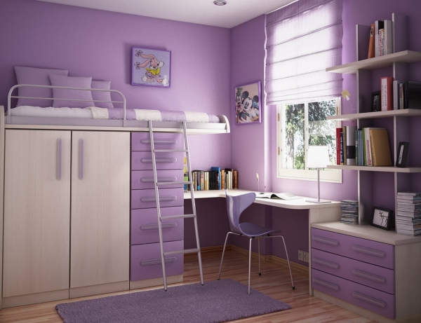 Bedroom,Enthralling Purple Wall Paint Tween Room Design Ideas With Comfortable Purple Loft Bed And Charming Purple Drawers Plus Wonderful Corner Study Space Also Gorgeous White Bookcase ,Cool Awesome Tween Rooms Design Ideas