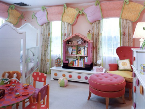 Bedroom,Enthralling Small Space Room For Girls Decoration With Stylish White Wood Baby Crib And Unique Open Bookshelf Also Extra Large Pink Ottoman,Cool Amazing Rooms For Girls