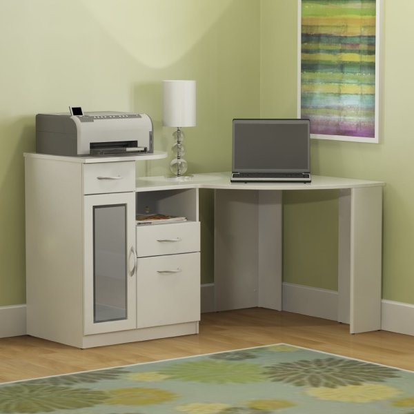 Furniture,Smart Modern Desk For Small Space Design Ideas With Gorgeous White Corner Wood Laptop Desk And Beautful White Desk Lamp Also Printer Plus Wonderful White Drawers,Styles Modern Desks For Small Spaces
