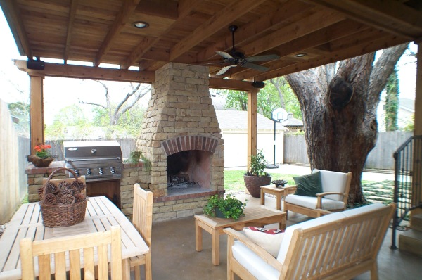 Exterior,Enthralling Indoor Outdoor Living Space Design Inspiration With Charming Fireplace And Beautiful Bright Wood Chairs On Combined Soft White Cushion And Nice Bright Wood Table Also Adorable Bright Wood Dining Table Plus Comfortable Bright Wood Dining Chairs,Indoor Outdoor Living Spaces