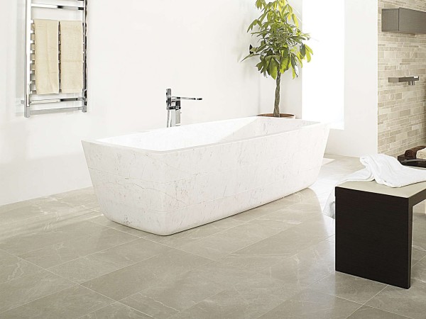 Bathroom,Cool White Themed White Rectangular Stone Bathtub Design Ideas With Charming Chrome Freestanding Bath Faucet And Nice Green Potted Plant Also Contemporary Gray Ceramic Tile Floor For Modern Concept,Beautiful Natural Stone Bathtub In Modern Bathroom