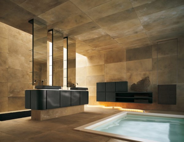 Bathroom,Marvelous Bathroom Design Ideas With Stunning Black Wood Bathroom Vanity On Combined Nice Black Vessel Sinks And Cool Three Vertical Wall Mirror Also Beautiful Swimming Pool,Fresh And Clean Bathroom Designs Modern