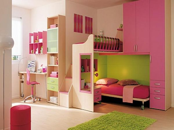 Bedroom,Enthralling Modern Bedroom Ideas For Teenage Girl With Charming Twin Bunk Bed On Combined Pink Mattress And Beautiful Pink Closet Also Comfortable Study Space Plus Wonderful Green Rectangular Rug,Cute Modern Bedroom Ideas For Teenage Girls