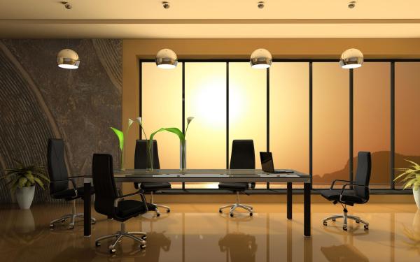 Furniture,Adorable Large Space Top Office Design Inspiration With Wonderful Rectangle Glass Top Table Plus Cool Glass Potted Plants And Modern Black Leather Swivel Chairs Also Modern Chrome Pendant Lamps,Pleasant And Comfortable Top Office Designs