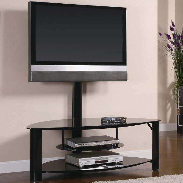 Furniture,New Model Tv Stands For Plasma Tv Design Ideas With Awesome Curved Black Open Media Shelves And Soft Cream Fur Rug Also Trendy Brown Wood Floor,Contemporary Furniture Tv Stands For Plasma Tv Inspiration